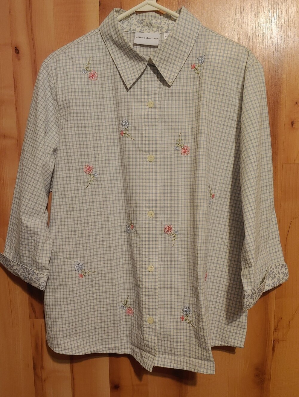 Alfred Dunner Women's 18 Floral Blue Plaid Gingham Embroidered Top Shirt